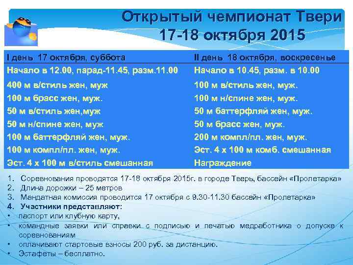 Открытый чемпионат Твери 17 -18 октября 2015 I день 17 октября, суббота Начало в