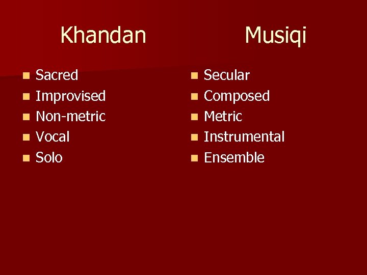 Khandan n n Sacred Improvised Non-metric Vocal Solo Musiqi n n n Secular Composed