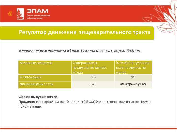 Регулятор движения пищеварительного тракта Ключевые компоненты «Эпам 11» : лист сенны, корни бадана. Активные