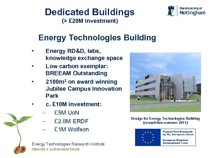 Dedicated Buildings (> £ 20 M investment) Energy Technologies Building • • Energy RD&D,