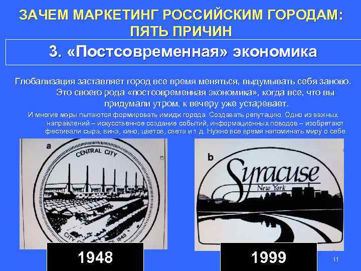 ЗАЧЕМ МАРКЕТИНГ РОССИЙСКИМ ГОРОДАМ: ПЯТЬ ПРИЧИН 3. «Постсовременная» экономика Глобализация заставляет город все время