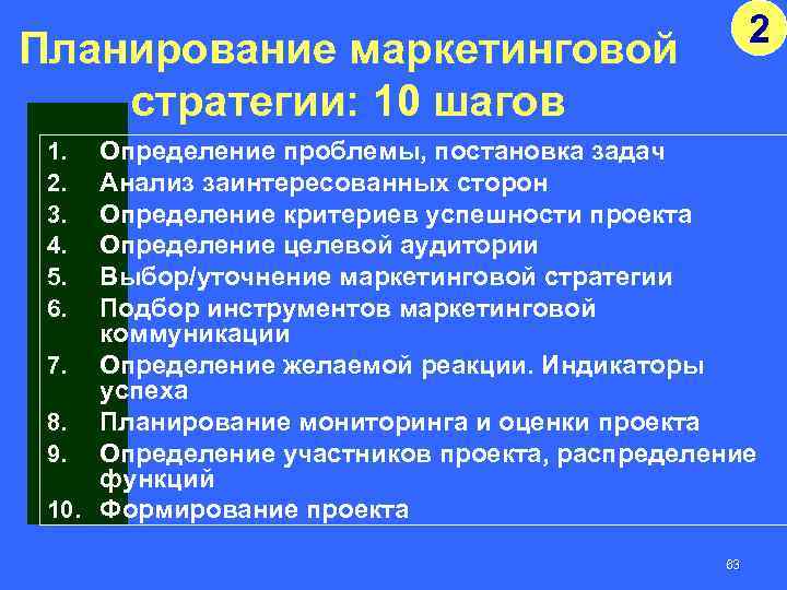 2 Планирование маркетинговой стратегии: 10 шагов Определение проблемы, постановка задач Анализ заинтересованных сторон Определение