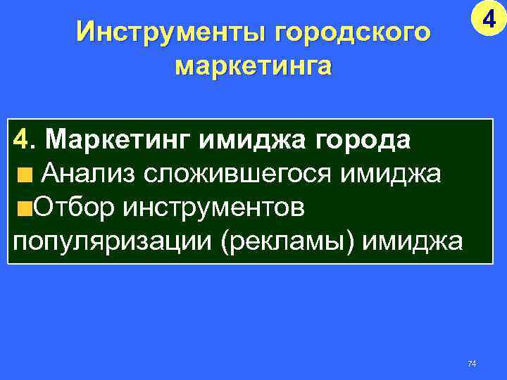 4 Инструменты городского маркетинга 4. Маркетинг имиджа города Анализ сложившегося имиджа Отбор инструментов популяризации