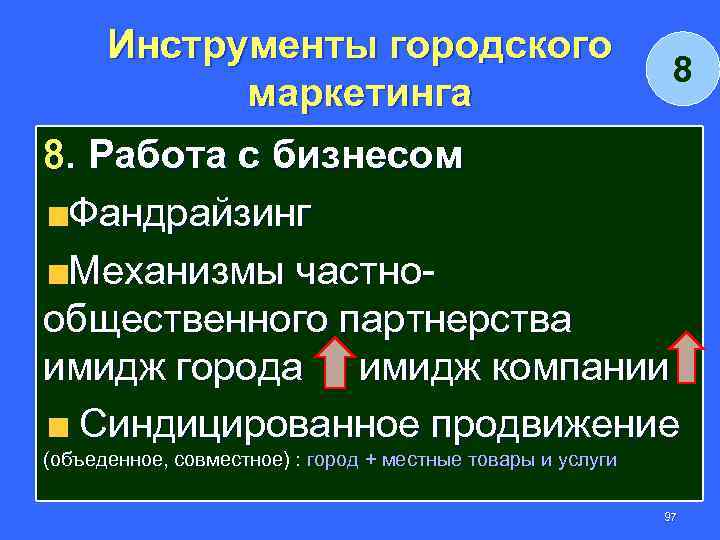 Инструменты городского маркетинга 8 8. Работа с бизнесом Фандрайзинг Механизмы частнообщественного партнерства имидж города