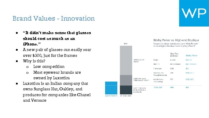 Brand Values - Innovation ● ● “It didn’t make sense that glasses should cost