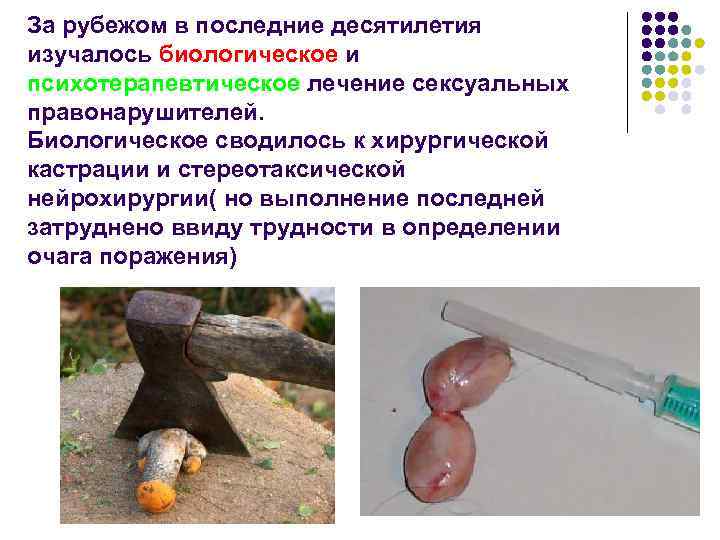 За рубежом в последние десятилетия изучалось биологическое и психотерапевтическое лечение сексуальных правонарушителей. Биологическое сводилось