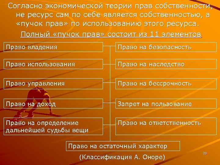 Согласно экономической теории прав собственности, не ресурс сам по себе является собственностью, а «пучок
