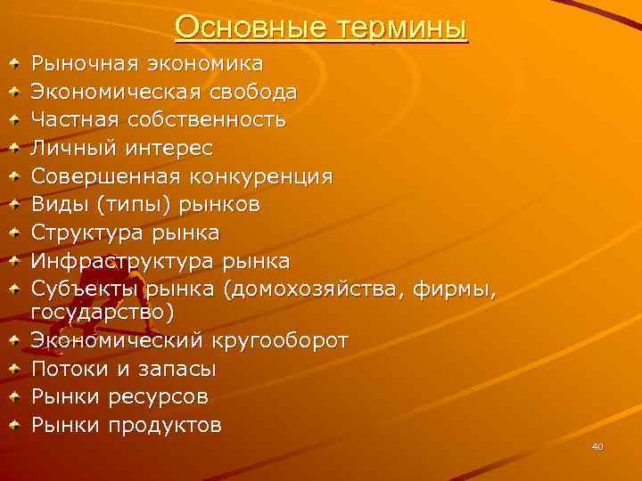 Основные термины Рыночная экономика Экономическая свобода Частная собственность Личный интерес Совершенная конкуренция Виды (типы)