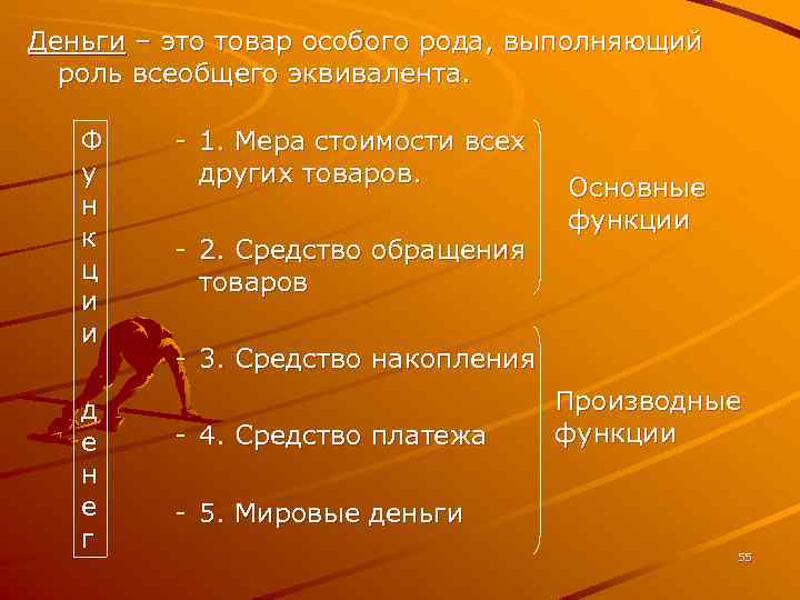 Деньги – это товар особого рода, выполняющий роль всеобщего эквивалента. Ф у н к