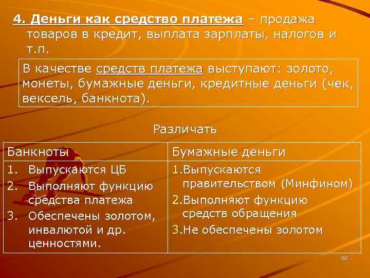 4. Деньги как средство платежа – продажа товаров в кредит, выплата зарплаты, налогов и