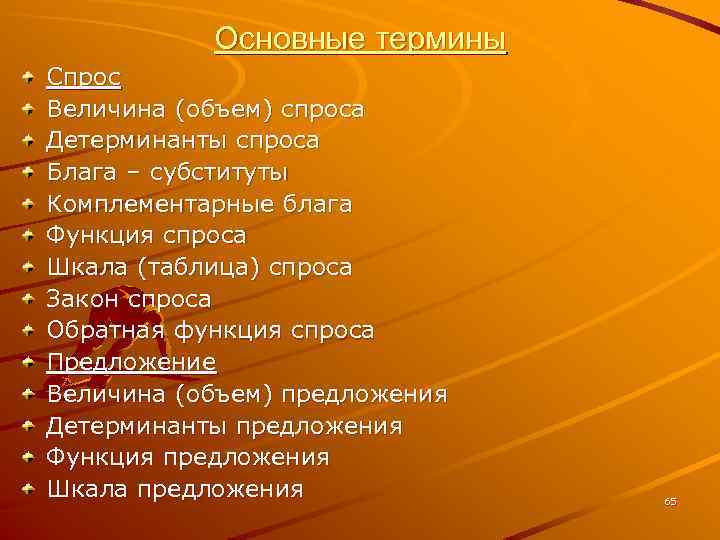 Основные термины Спрос Величина (объем) спроса Детерминанты спроса Блага – субституты Комплементарные блага Функция