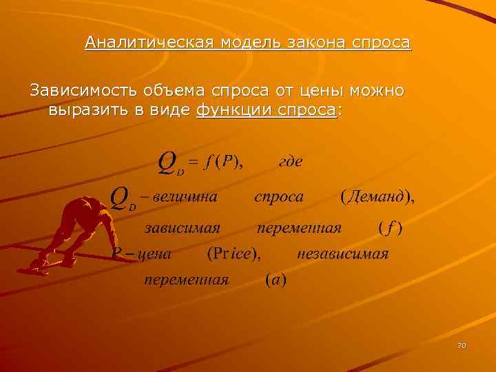 Аналитическая модель закона спроса Зависимость объема спроса от цены можно выразить в виде функции