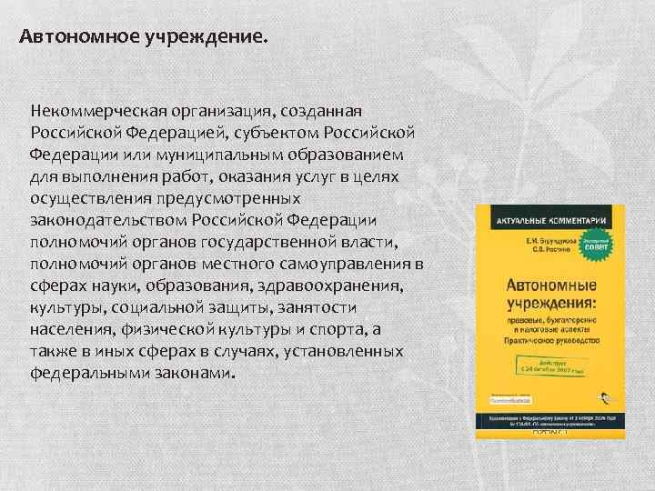 Автономное учреждение. Некоммерческая организация, созданная Российской Федерацией, субъектом Российской Федерации или муниципальным образованием для