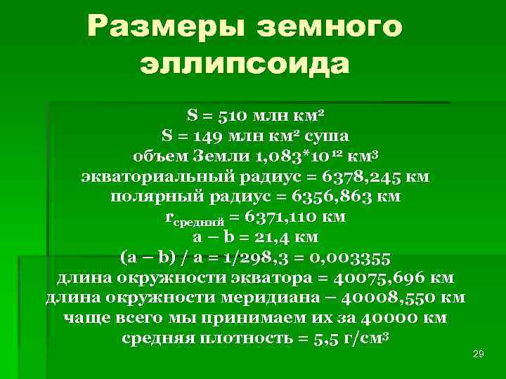 Размеры земного эллипсоида S = 510 млн км 2 S = 149 млн км