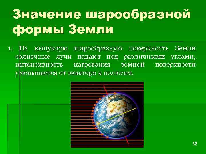 Значение шарообразной формы Земли 1. На выпуклую шарообразную поверхность Земли солнечные лучи падают под