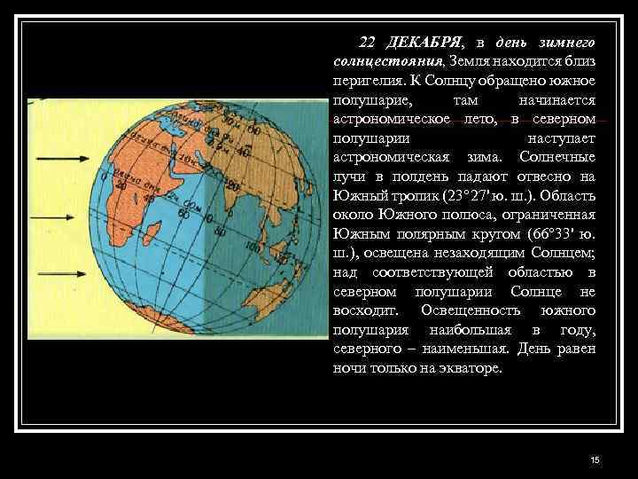 22 ДЕКАБРЯ, в день зимнего солнцестояния, Земля находится близ перигелия. К Солнцу обращено южное