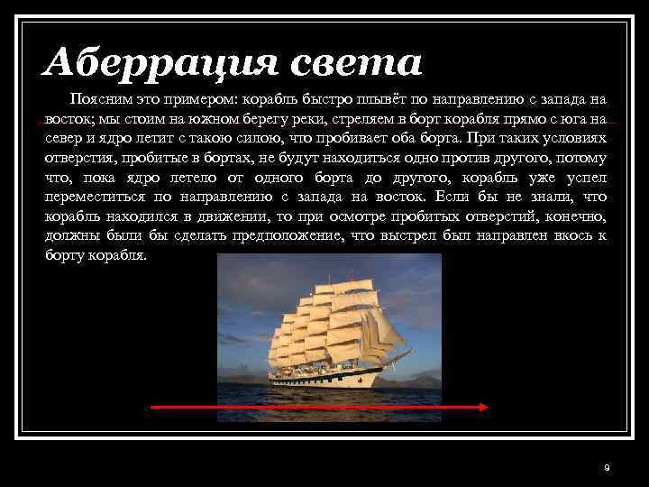 Аберрация света Поясним это примером: корабль быстро плывёт по направлению с запада на восток;