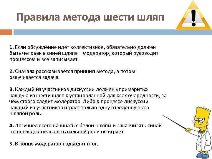 Правила метода шести шляп 1. Если обсуждение идет коллективное, обязательно должен быть человек в