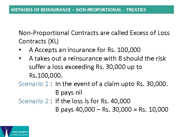 METHODS OF REINSURANCE – NON-PROPORTIONAL - TREATIES Non-Proportional Contracts are called Excess of Loss