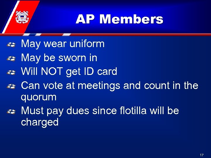 AP Members May wear uniform May be sworn in Will NOT get ID card