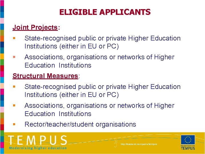 ELIGIBLE APPLICANTS Joint Projects: § State-recognised public or private Higher Education Institutions (either in