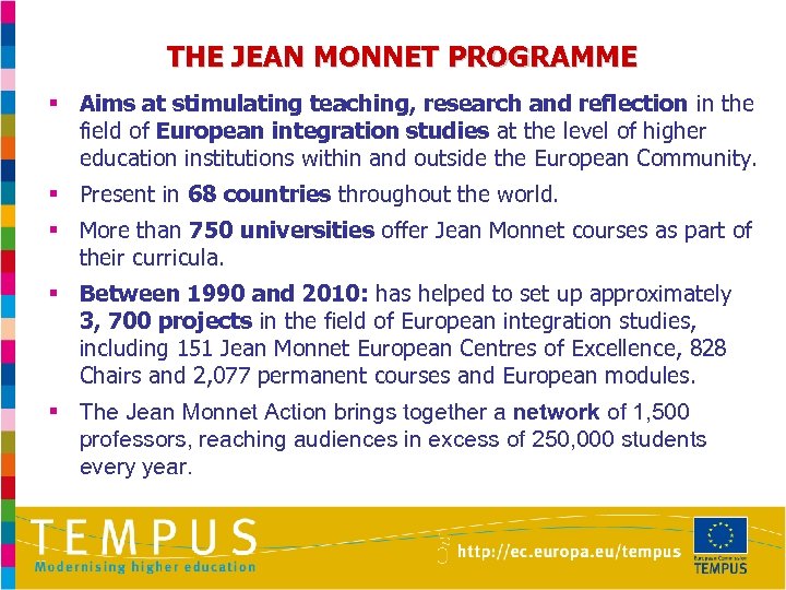 THE JEAN MONNET PROGRAMME § Aims at stimulating teaching, research and reflection in the