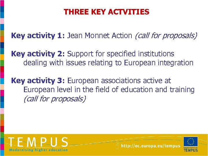 THREE KEY ACTVITIES Key activity 1: Jean Monnet Action (call for proposals) Key activity