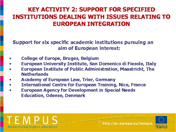 KEY ACTIVITY 2: SUPPORT FOR SPECIFIED INSTITUTIONS DEALING WITH ISSUES RELATING TO EUROPEAN INTEGRATION