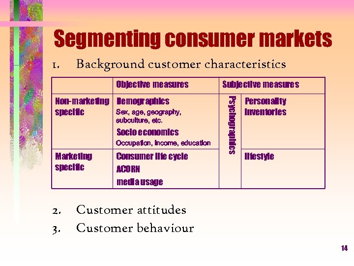 Segmenting consumer markets 1. Background customer characteristics Objective measures subculture, etc. Socio economics Occupation,