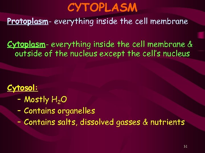 CYTOPLASM Protoplasm- everything inside the cell membrane Cytoplasm- everything inside the cell membrane &