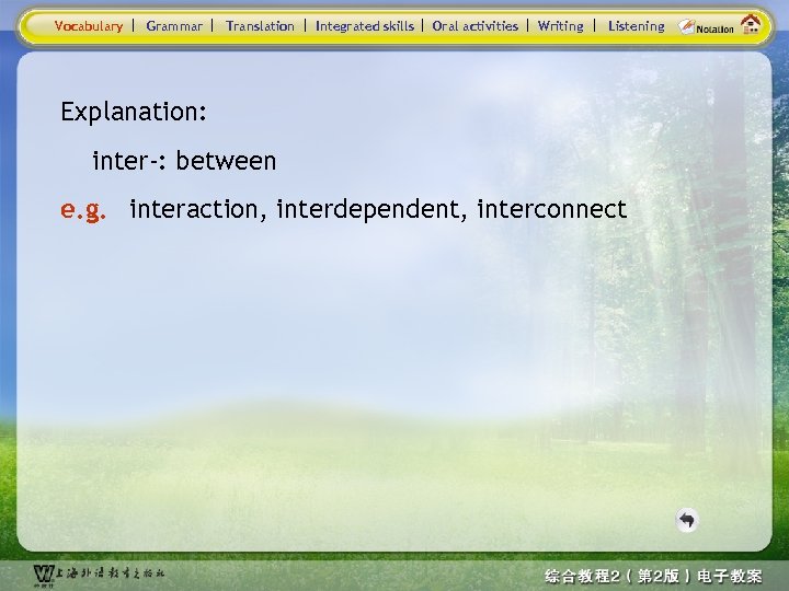 Vocabulary Grammar Translation Integrated skills Oral activities Writing Listening Explanation: inter-: between e. g.