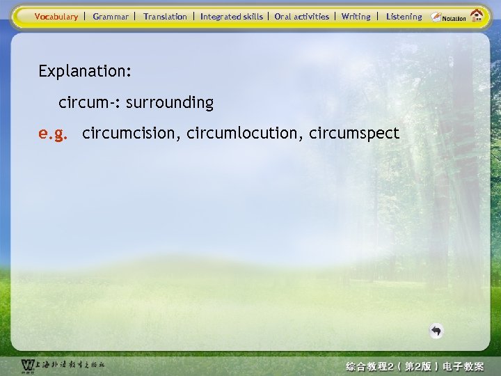 Vocabulary Grammar Translation Integrated skills Oral activities Writing Listening Explanation: circum-: surrounding e. g.