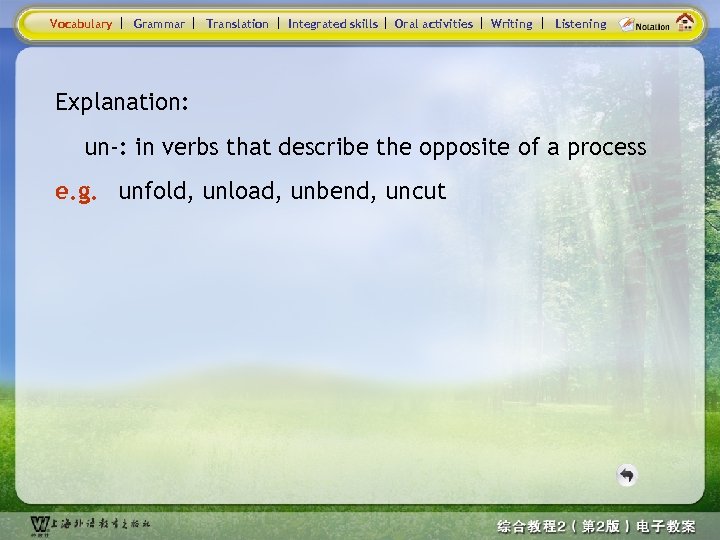 Vocabulary Grammar Translation Integrated skills Oral activities Writing Listening Explanation: un-: in verbs that