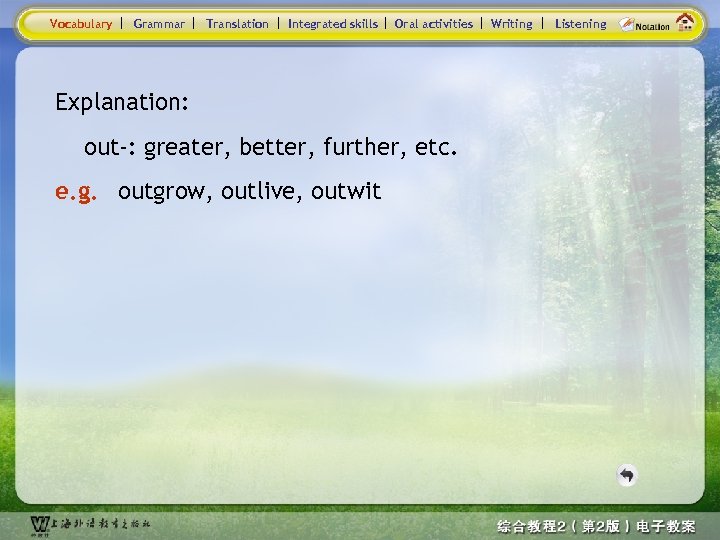 Vocabulary Grammar Translation Integrated skills Oral activities Explanation: out-: greater, better, further, etc. e.