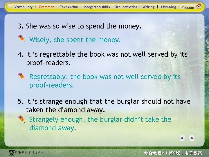 Vocabulary Grammar Translation Integrated skills Oral activities Writing Listening 3. She was so wise