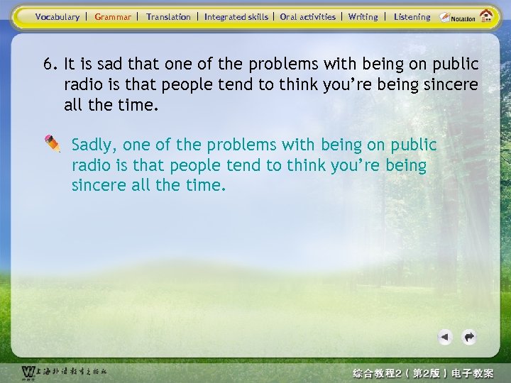 Vocabulary Grammar Translation Integrated skills Oral activities Writing Listening 6. It is sad that