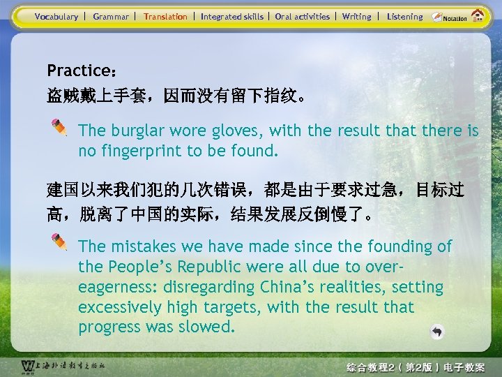 Vocabulary Grammar Translation Integrated skills Oral activities Writing Listening Practice： 盗贼戴上手套，因而没有留下指纹。 The burglar wore
