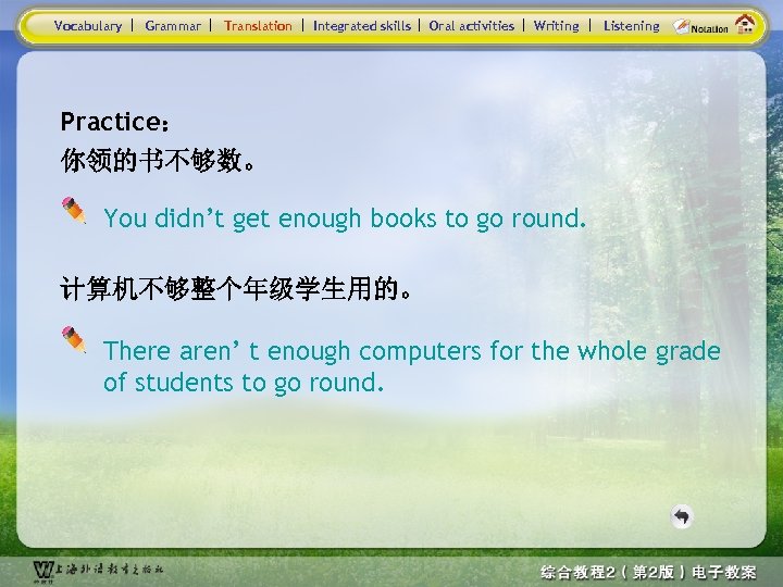 Vocabulary Grammar Translation Integrated skills Oral activities Writing Listening Practice： 你领的书不够数。 You didn’t get