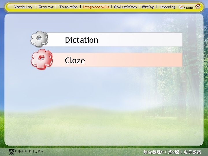 Vocabulary Grammar Translation Integrated skills Dictation Cloze Oral activities Writing Listening 