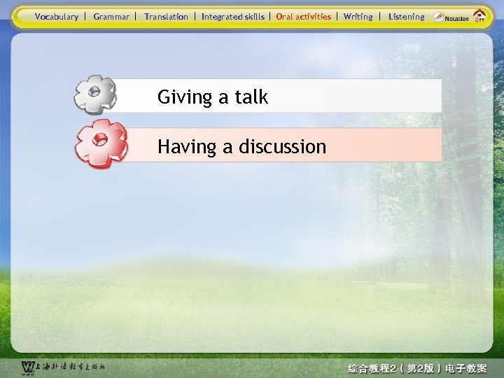 Vocabulary Grammar Translation Integrated skills Oral activities Giving a talk Having a discussion Writing