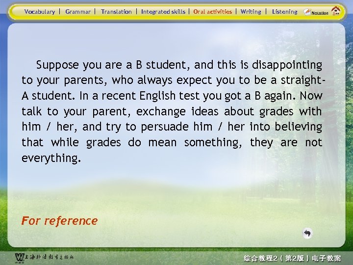 Vocabulary Grammar Translation Integrated skills Oral activities Writing Listening Suppose you are a B