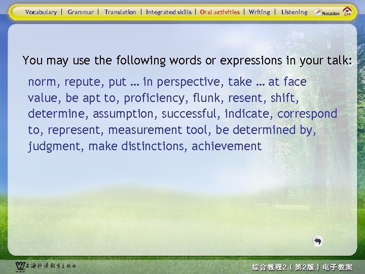 Vocabulary Grammar Translation Integrated skills Oral activities Writing Listening You may use the following