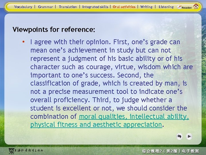 Vocabulary Grammar Translation Integrated skills Oral activities Writing Listening Viewpoints for reference: • I