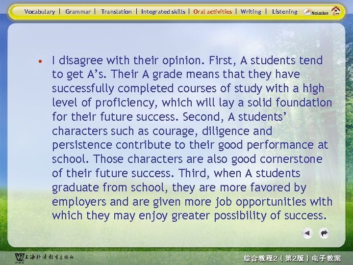 Vocabulary Grammar Translation Integrated skills Oral activities Writing Listening • I disagree with their