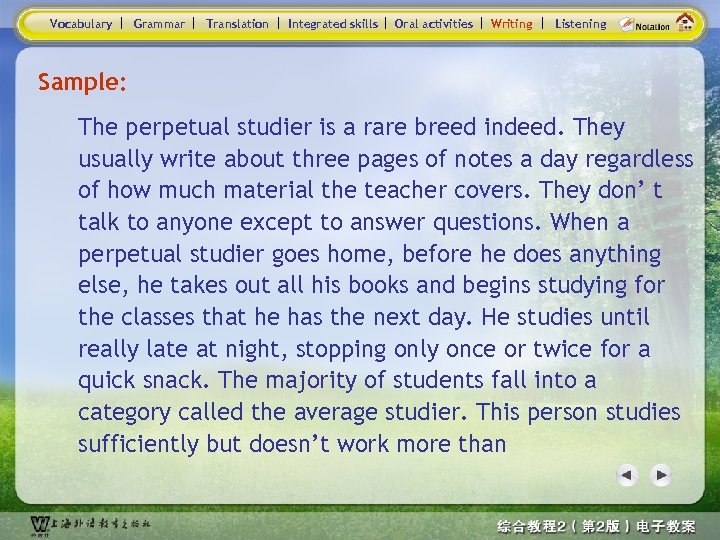 Vocabulary Grammar Translation Integrated skills Oral activities Writing Listening Sample: The perpetual studier is