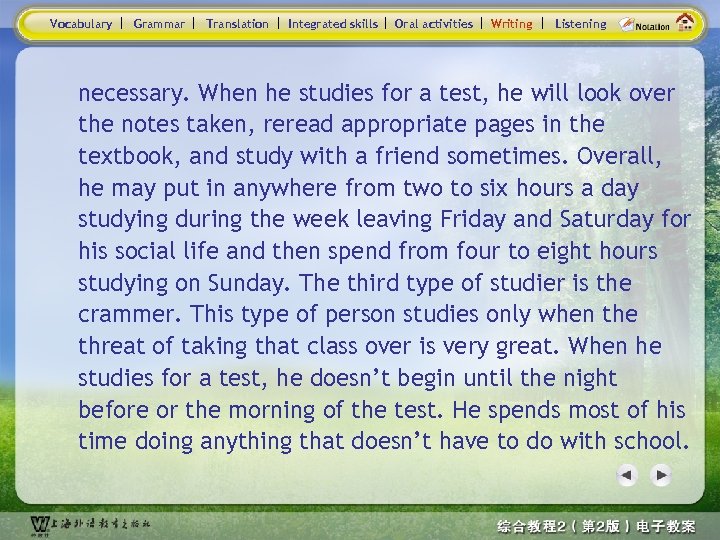 Vocabulary Grammar Translation Integrated skills Oral activities Writing Listening necessary. When he studies for