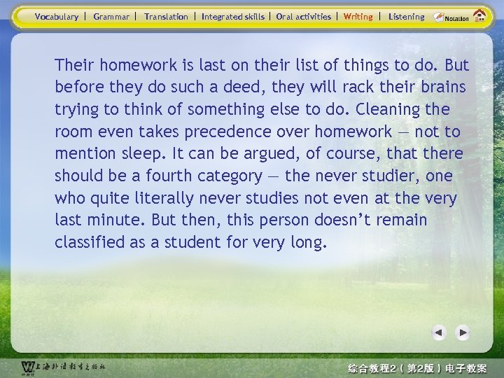 Vocabulary Grammar Translation Integrated skills Oral activities Writing Listening Their homework is last on