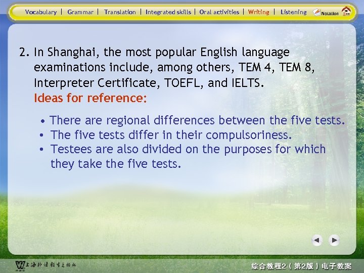 Vocabulary Grammar Translation Integrated skills Oral activities Writing Listening 2. In Shanghai, the most