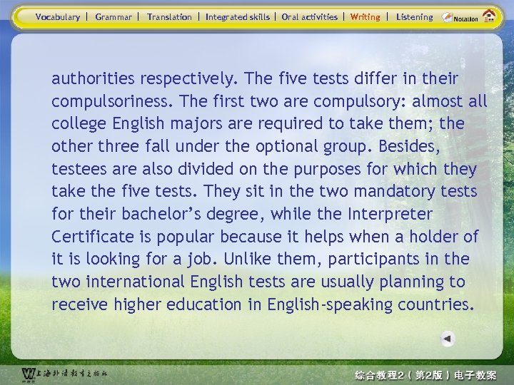 Vocabulary Grammar Translation Integrated skills Oral activities Writing Listening authorities respectively. The five tests