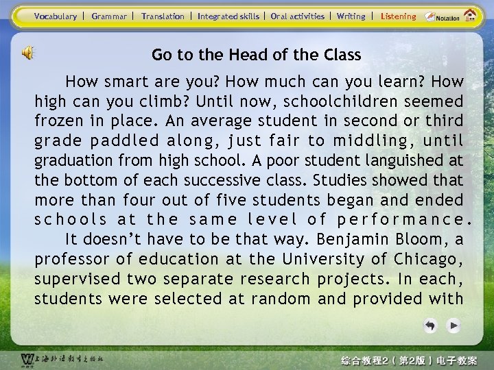 Vocabulary Grammar Translation Integrated skills Oral activities Writing Listening Go to the Head of